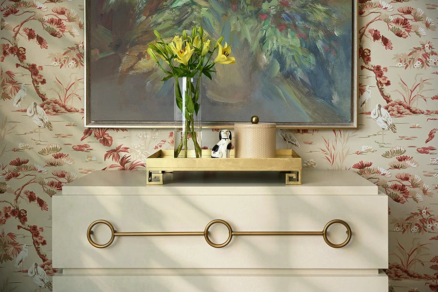 Worlds Away - Roderick Three Drawer Chest With Antique Brass Connected Circle Hardware In Matte Antique White Lacquer - RODERICK AW - GreatFurnitureDeal
