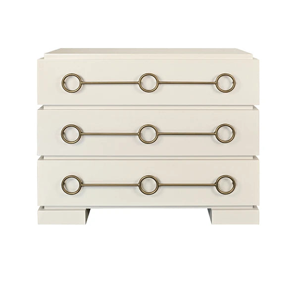 Worlds Away - Roderick Three Drawer Chest With Antique Brass Connected Circle Hardware In Matte Antique White Lacquer - RODERICK AW - GreatFurnitureDeal