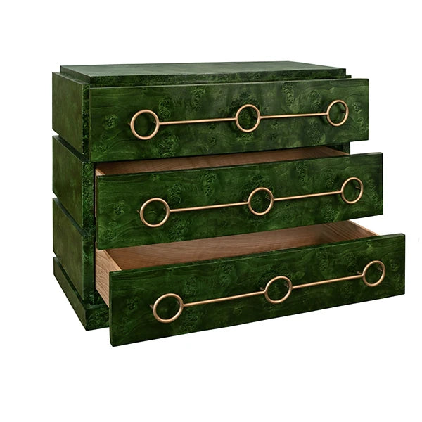 Worlds Away - Roderick Three Drawer Chest With Antique Brass Connected Circle Hardware In Emerald Burl Wood - RODERICK EBW - GreatFurnitureDeal
