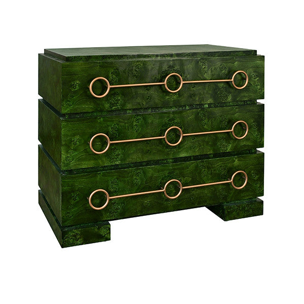 Worlds Away - Roderick Three Drawer Chest With Antique Brass Connected Circle Hardware In Emerald Burl Wood - RODERICK EBW - GreatFurnitureDeal