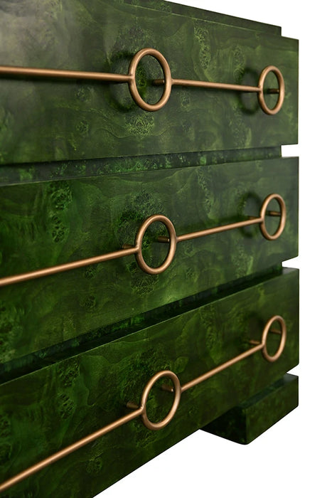 Worlds Away - Roderick Three Drawer Chest With Antique Brass Connected Circle Hardware In Emerald Burl Wood - RODERICK EBW - GreatFurnitureDeal