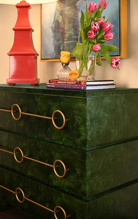 Worlds Away - Roderick Three Drawer Chest With Antique Brass Connected Circle Hardware In Emerald Burl Wood - RODERICK EBW - GreatFurnitureDeal