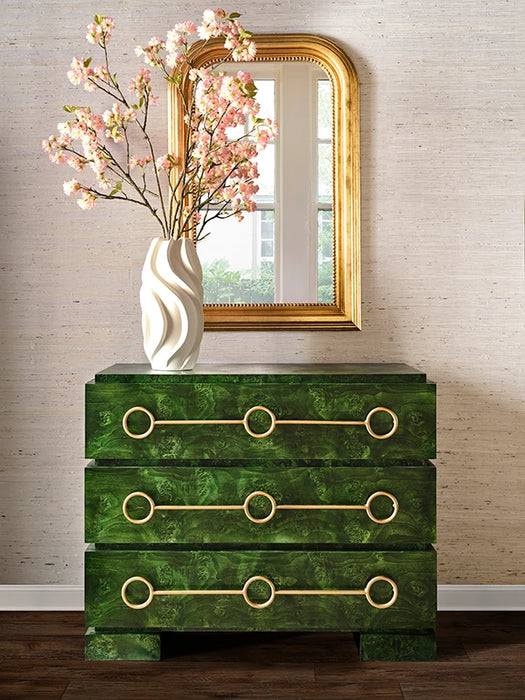 Worlds Away - Roderick Three Drawer Chest With Antique Brass Connected Circle Hardware In Emerald Burl Wood - RODERICK EBW - GreatFurnitureDeal