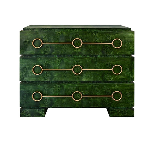 Worlds Away - Roderick Three Drawer Chest With Antique Brass Connected Circle Hardware In Emerald Burl Wood - RODERICK EBW - GreatFurnitureDeal