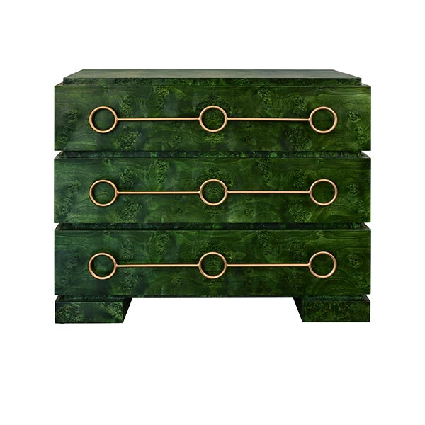 Worlds Away - Roderick Three Drawer Chest With Antique Brass Connected Circle Hardware In Emerald Burl Wood - RODERICK EBW - GreatFurnitureDeal