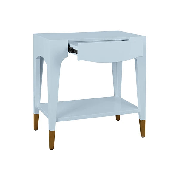 Worlds Away - Ronny Tapered Leg One Drawer Side Table With Antique Brass Foot Caps In Light Blue Lacquer - RONNY LB - GreatFurnitureDeal