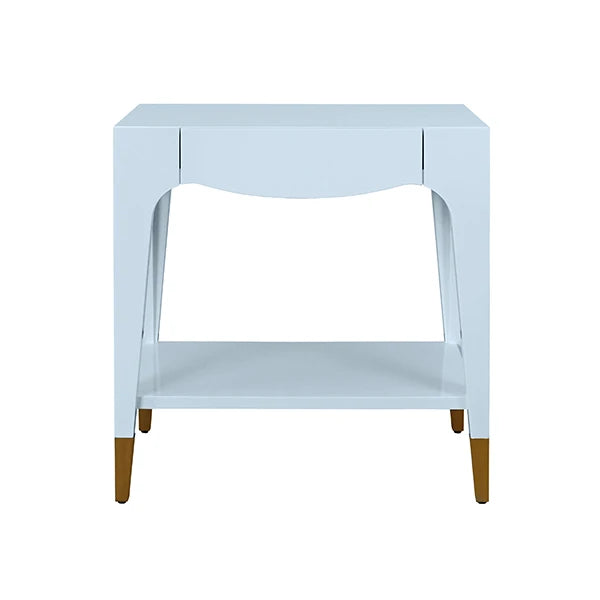 Worlds Away - Ronny Tapered Leg One Drawer Side Table With Antique Brass Foot Caps In Light Blue Lacquer - RONNY LB - GreatFurnitureDeal