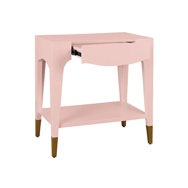 Worlds Away - Ronny Tapered Leg One Drawer Side Table With Antique Brass Foot Caps In Pink Lacquer - RONNY PI - GreatFurnitureDeal
