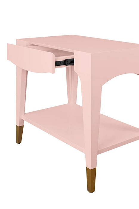 Worlds Away - Ronny Tapered Leg One Drawer Side Table With Antique Brass Foot Caps In Pink Lacquer - RONNY PI - GreatFurnitureDeal