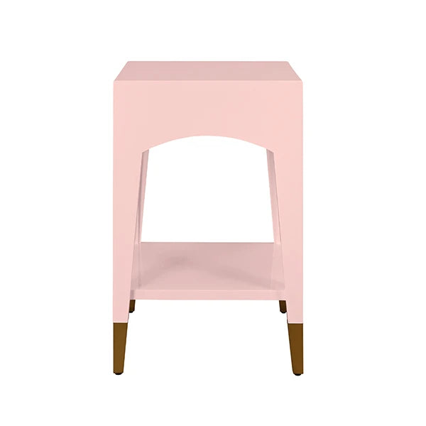 Worlds Away - Ronny Tapered Leg One Drawer Side Table With Antique Brass Foot Caps In Pink Lacquer - RONNY PI - GreatFurnitureDeal