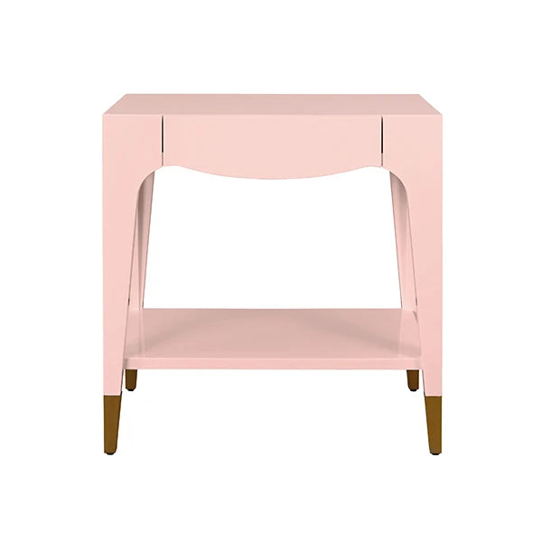 Worlds Away - Ronny Tapered Leg One Drawer Side Table With Antique Brass Foot Caps In Pink Lacquer - RONNY PI - GreatFurnitureDeal