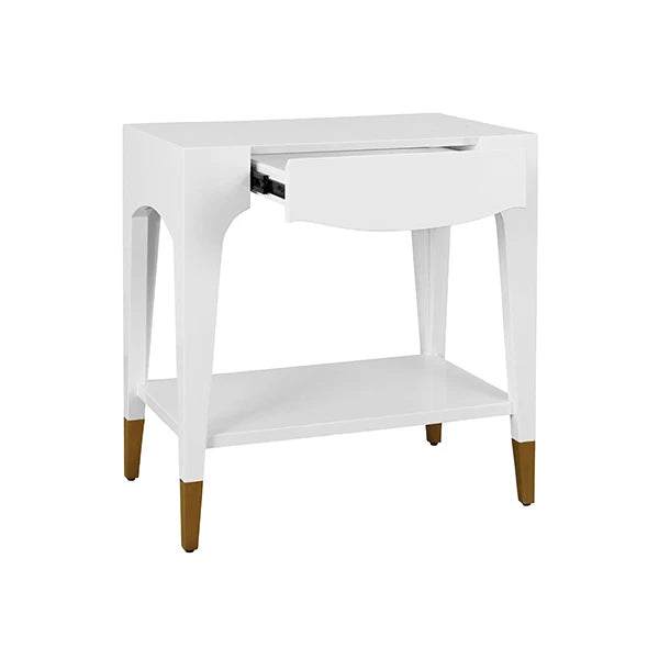 Worlds Away - Ronny Tapered Leg One Drawer Side Table With Antique Brass Foot Caps In White Lacquer - RONNY WH
