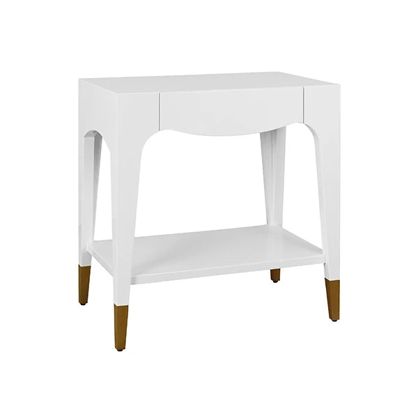 Worlds Away - Ronny Tapered Leg One Drawer Side Table With Antique Brass Foot Caps In White Lacquer - RONNY WH