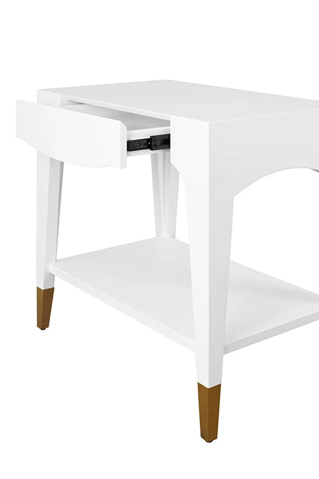 Worlds Away - Ronny Tapered Leg One Drawer Side Table With Antique Brass Foot Caps In White Lacquer - RONNY WH