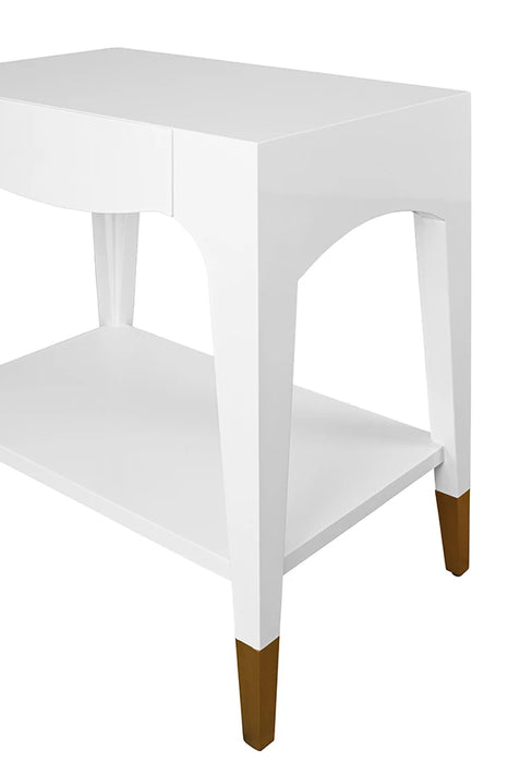 Worlds Away - Ronny Tapered Leg One Drawer Side Table With Antique Brass Foot Caps In White Lacquer - RONNY WH