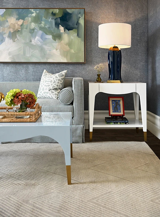 Worlds Away - Ronny Tapered Leg One Drawer Side Table With Antique Brass Foot Caps In White Lacquer - RONNY WH