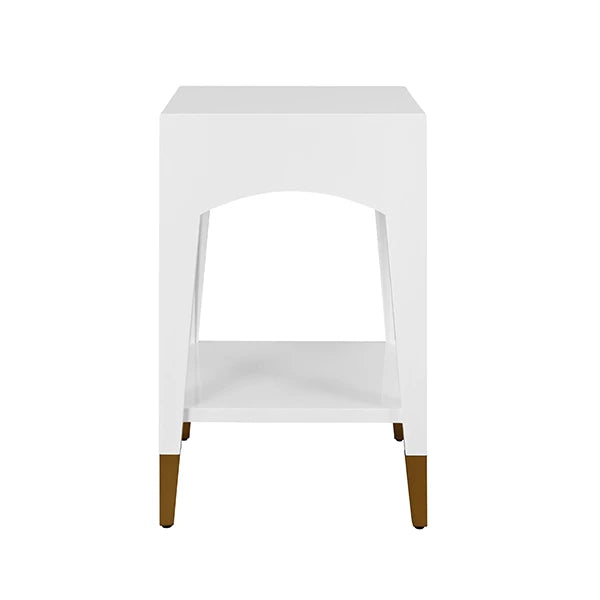 Worlds Away - Ronny Tapered Leg One Drawer Side Table With Antique Brass Foot Caps In White Lacquer - RONNY WH