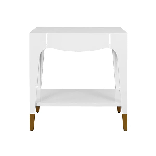 Worlds Away - Ronny Tapered Leg One Drawer Side Table With Antique Brass Foot Caps In White Lacquer - RONNY WH