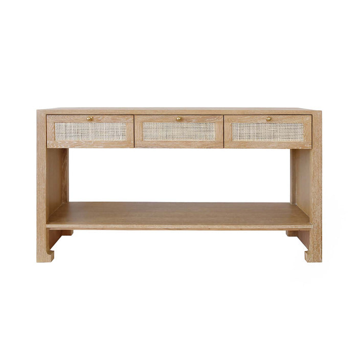 Worlds Away - Rosalind Three Drawer Cane Console With Brass Hardware In Cerused Oak - ROSALIND CO - GreatFurnitureDeal