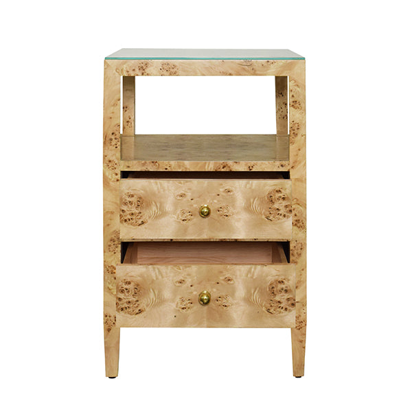 Worlds Away - Two Drawer Side Table In Burl Wood With Polished Brass Knobs - ROSCOE BW - GreatFurnitureDeal