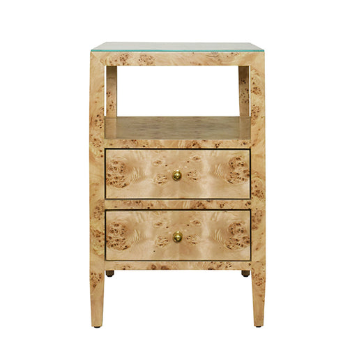 Worlds Away - Two Drawer Side Table In Burl Wood With Polished Brass Knobs - ROSCOE BW - GreatFurnitureDeal