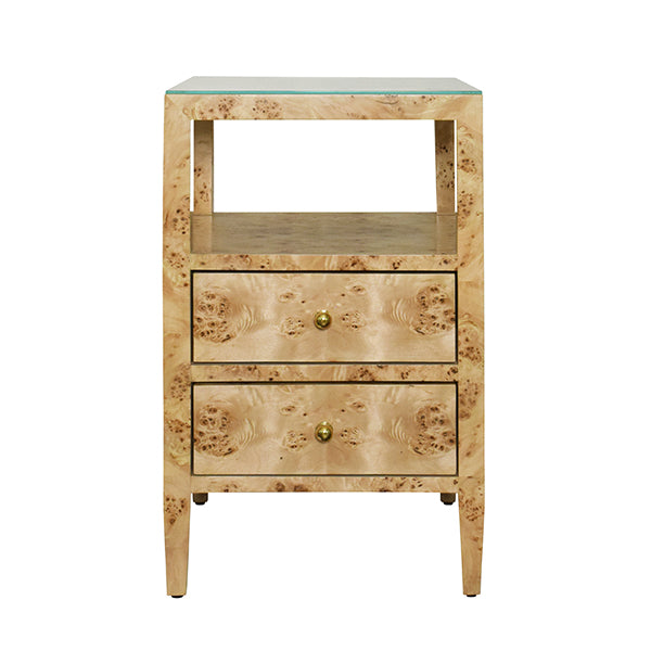 Worlds Away - Two Drawer Side Table In Burl Wood With Polished Brass Knobs - ROSCOE BW - GreatFurnitureDeal