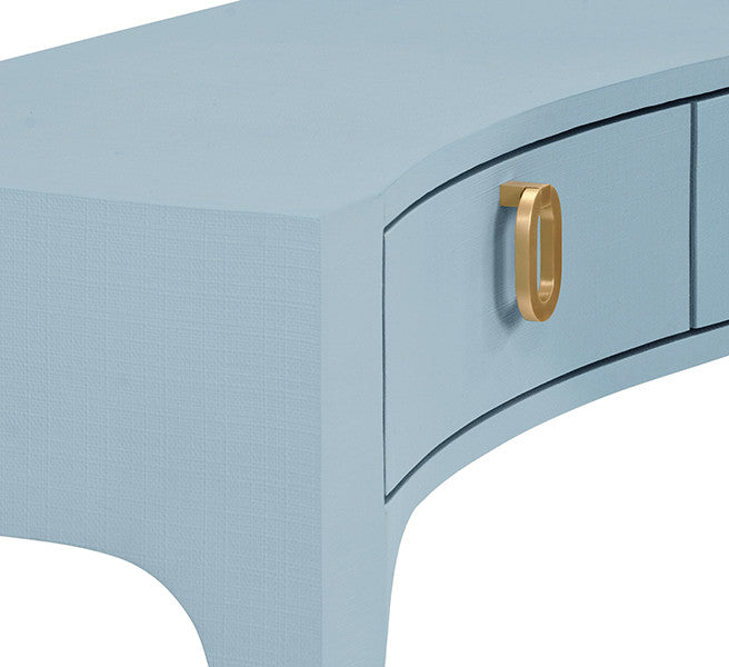 Worlds Away - Sabrina Curved Front Console With Three Drawers In Textured Light Blue Linen With Satin Brass Ring Hardware And Glass Top - SABRINA LB