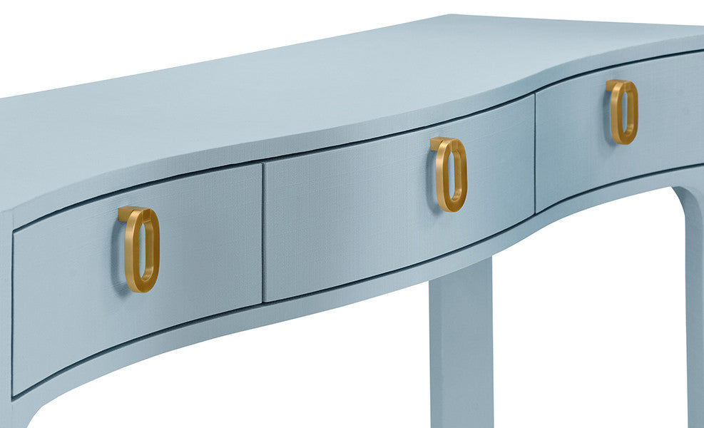 Worlds Away - Sabrina Curved Front Console With Three Drawers In Textured Light Blue Linen With Satin Brass Ring Hardware And Glass Top - SABRINA LB