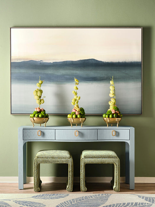 Worlds Away - Sabrina Curved Front Console With Three Drawers In Textured Light Blue Linen With Satin Brass Ring Hardware And Glass Top - SABRINA LB