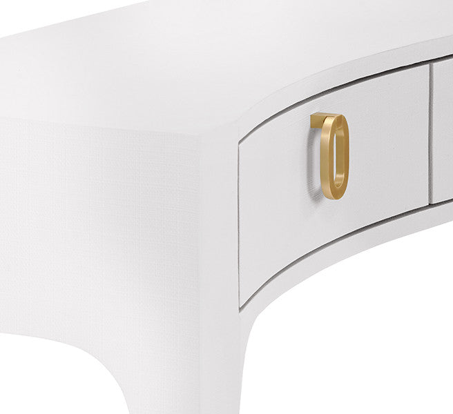 Worlds Away - Sabrina Curved Front Console With Three Drawers In Textured White Linen With Satin Brass Ring Hardware And Glass Top - SABRINA WH