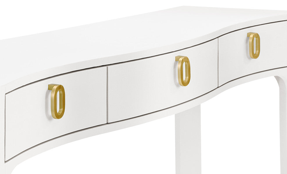 Worlds Away - Sabrina Curved Front Console With Three Drawers In Textured White Linen With Satin Brass Ring Hardware And Glass Top - SABRINA WH
