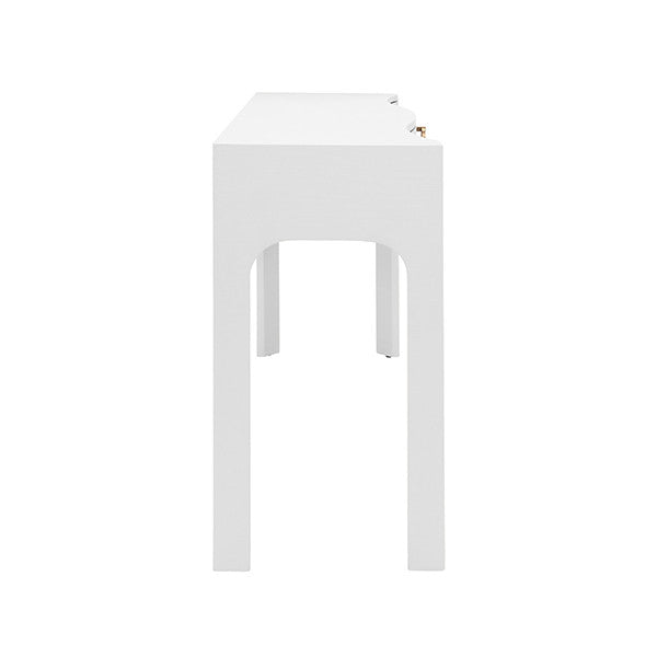Worlds Away - Sabrina Curved Front Console With Three Drawers In Textured White Linen With Satin Brass Ring Hardware And Glass Top - SABRINA WH
