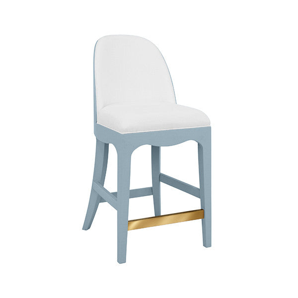 Worlds Away - Sadie Curved Counter Stool With Satin Brass Ring Hardware On Back In Performance White Linen Upholstery And Textured Light Blue Linen Frame - SADIE CS LB