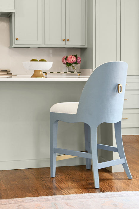 Worlds Away - Sadie Curved Counter Stool With Satin Brass Ring Hardware On Back In Performance White Linen Upholstery And Textured Light Blue Linen Frame - SADIE CS LB
