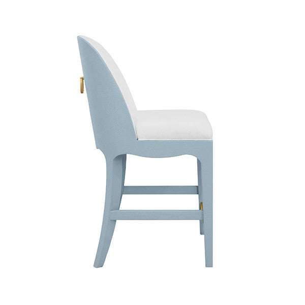 Worlds Away - Sadie Curved Counter Stool With Satin Brass Ring Hardware On Back In Performance White Linen Upholstery And Textured Light Blue Linen Frame - SADIE CS LB