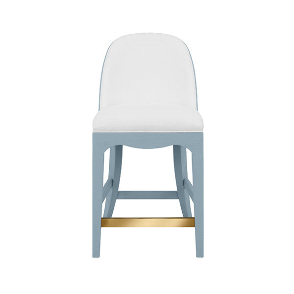 Worlds Away - Sadie Curved Counter Stool With Satin Brass Ring Hardware On Back In Performance White Linen Upholstery And Textured Light Blue Linen Frame - SADIE CS LB