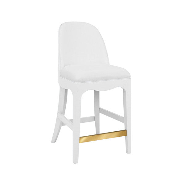 Worlds Away - Sadie Curved Counter Stool With Satin Brass Ring Hardware On Back In Performance White Linen Upholstery And Textured White Linen Frame - SADIE CS WH