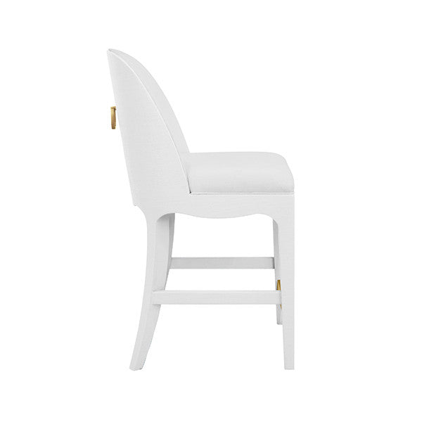 Worlds Away - Sadie Curved Counter Stool With Satin Brass Ring Hardware On Back In Performance White Linen Upholstery And Textured White Linen Frame - SADIE CS WH