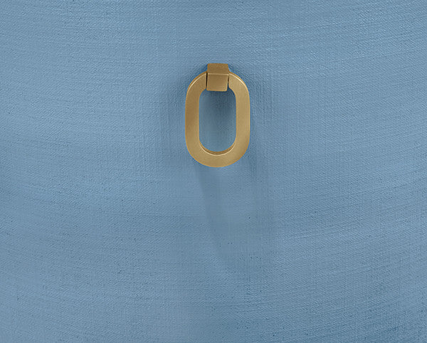 Worlds Away - Sadie Curved Counter Stool With Satin Brass Ring Hardware On Back In Performance White Linen Upholstery And Textured Light Blue Linen Frame - SADIE CS LB