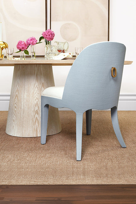 Worlds Away - Sadie Curved Dining Chair With Satin Brass Ring Hardware On Back In Performance White Linen Upholstery And Textured Light Blue Linen Frame - SADIE LB