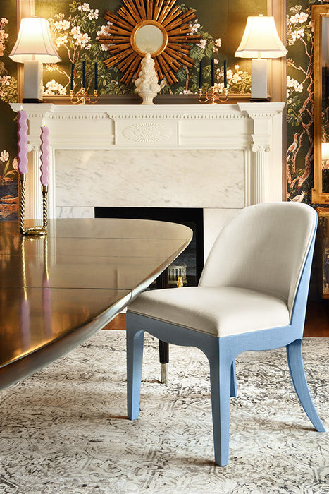 Worlds Away - Sadie Curved Dining Chair With Satin Brass Ring Hardware On Back In Performance White Linen Upholstery And Textured Light Blue Linen Frame - SADIE LB