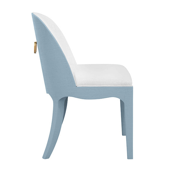 Worlds Away - Sadie Curved Dining Chair With Satin Brass Ring Hardware On Back In Performance White Linen Upholstery And Textured Light Blue Linen Frame - SADIE LB
