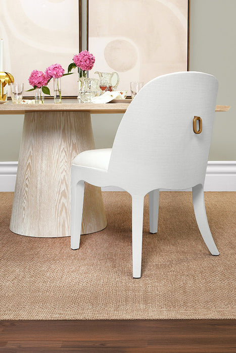Worlds Away - Sadie Curved Dining Chair With Satin Brass Ring Hardware On Back In Performance White Linen Upholstery And Textured White Linen Frame - SADIE WH