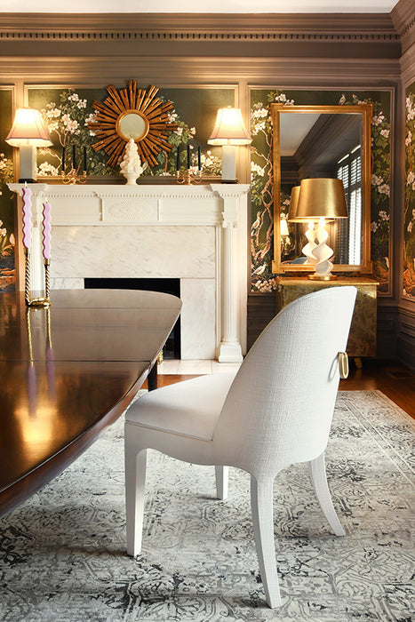 Worlds Away - Sadie Curved Dining Chair With Satin Brass Ring Hardware On Back In Performance White Linen Upholstery And Textured White Linen Frame - SADIE WH