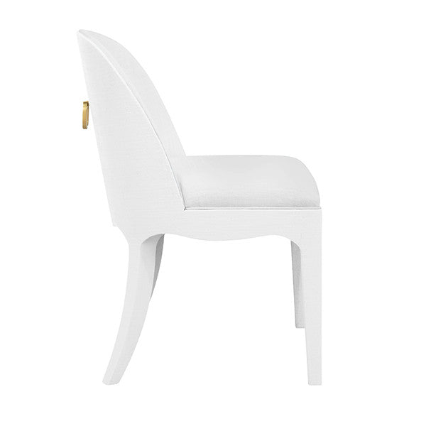 Worlds Away - Sadie Curved Dining Chair With Satin Brass Ring Hardware On Back In Performance White Linen Upholstery And Textured White Linen Frame - SADIE WH