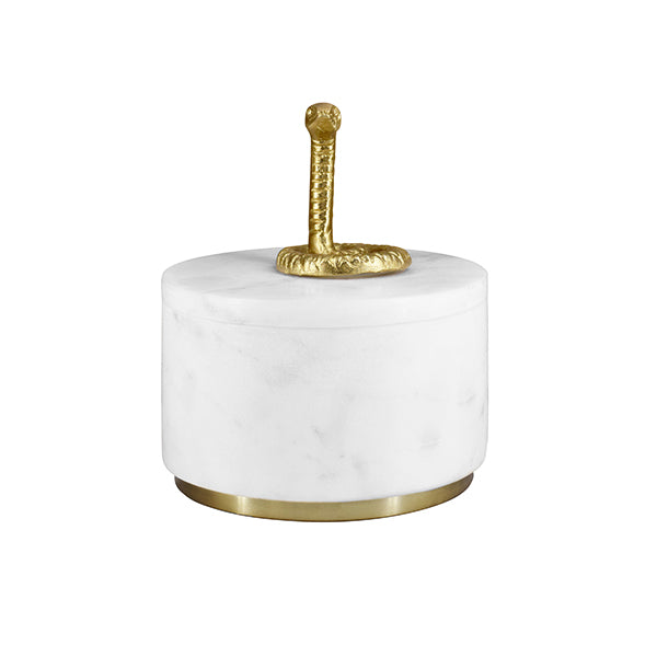 Worlds Away - White Marble Container With Brass Snake Top And Bottom Brass Rim - SNAPE - GreatFurnitureDeal