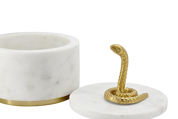 Worlds Away - White Marble Container With Brass Snake Top And Bottom Brass Rim - SNAPE - GreatFurnitureDeal