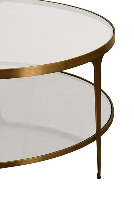 Worlds Away - Stacey Two Tier Glass Top Round Coffee Table In Antique Brass - STACEY ABR