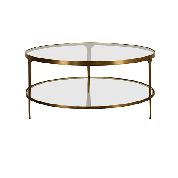 Worlds Away - Stacey Two Tier Glass Top Round Coffee Table In Antique Brass - STACEY ABR