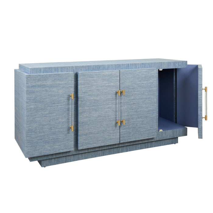 Worlds Away - Steele Four Door Wrap Around Modern Buffet With Brass Fluted Handles In Dyed Blue Grasscloth - STEELE BL